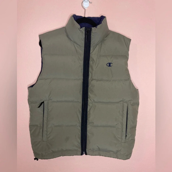 Champion Mens Vintage Down Filled Zip-Up Puffer Vest Taupe/Navy size M - Picture 1 of 13